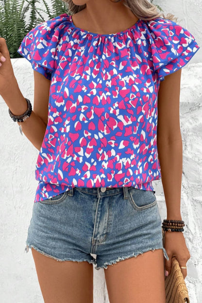 Printed Round Neck Flutter Sleeve Blouse Fuchsia