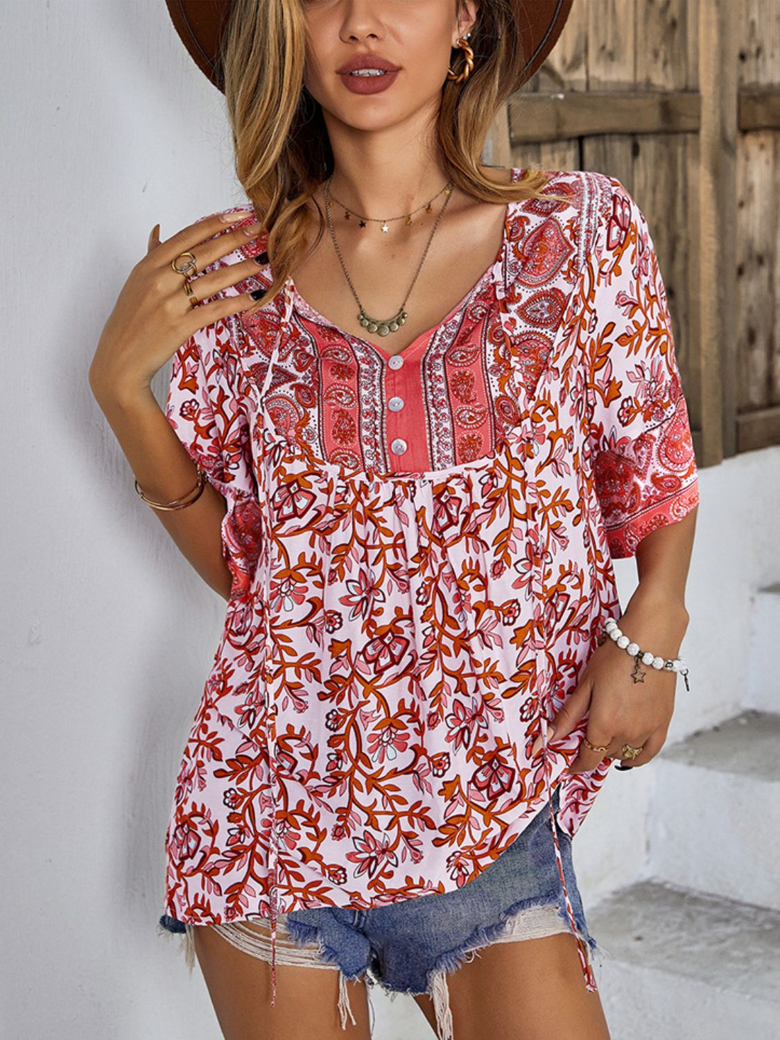 Printed Tie-Neck Tunic Blouse with Half Sleeves Deep Red