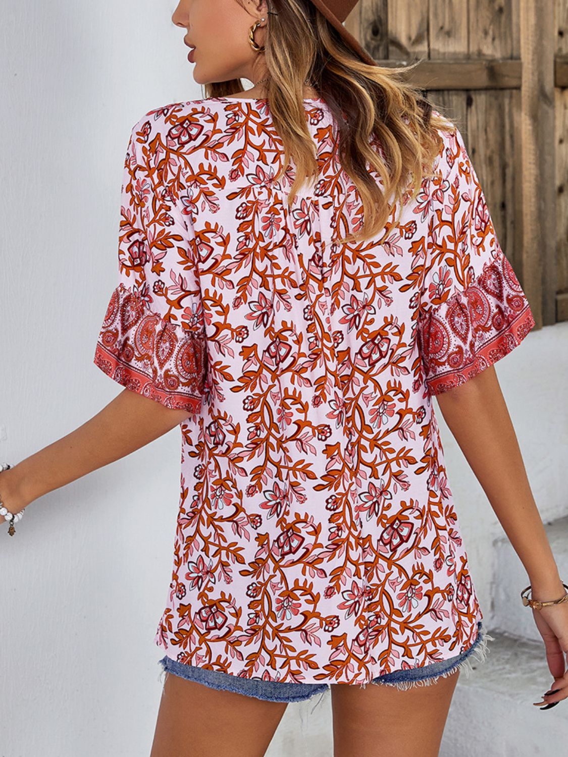 Printed Tie-Neck Tunic Blouse with Half Sleeves