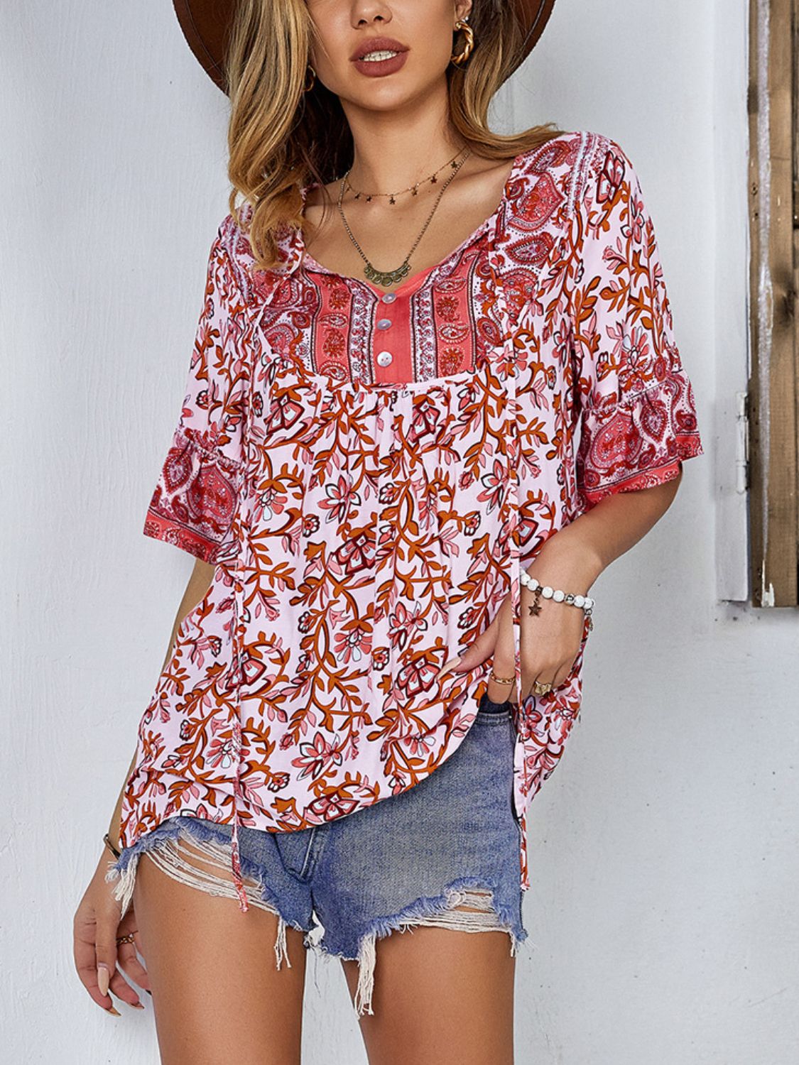 Printed Tie-Neck Tunic Blouse with Half Sleeves