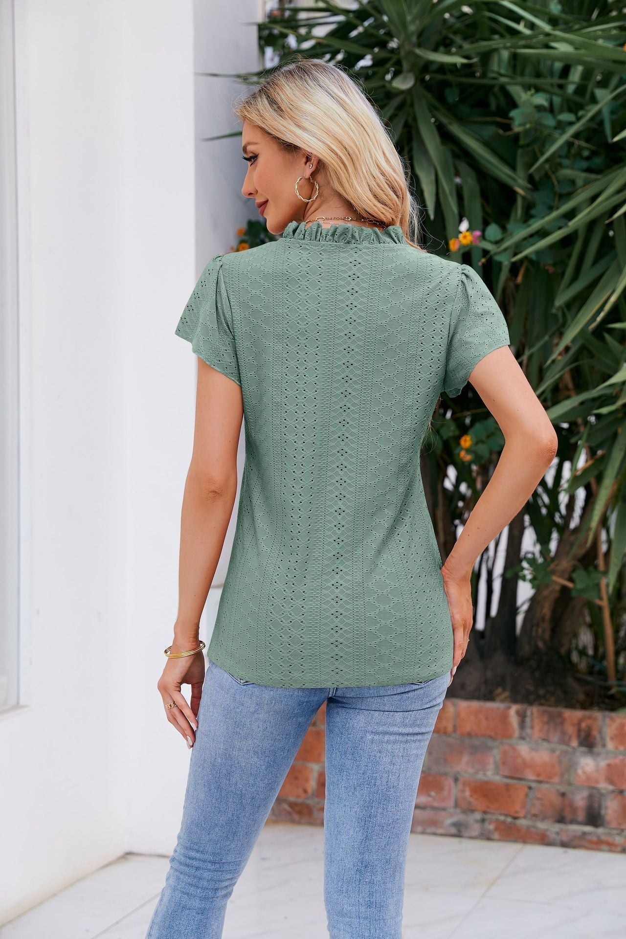 Puff-Sleeved Notched Neck Blouse