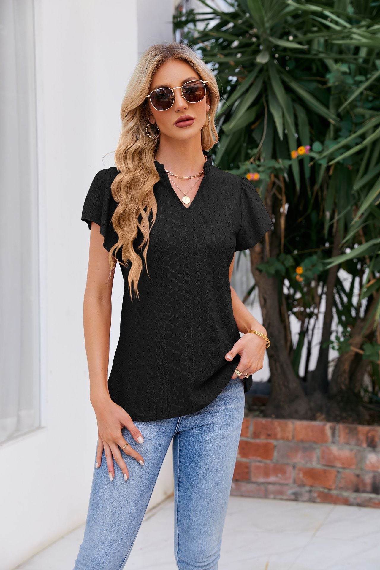 Puff-Sleeved Notched Neck Blouse Black