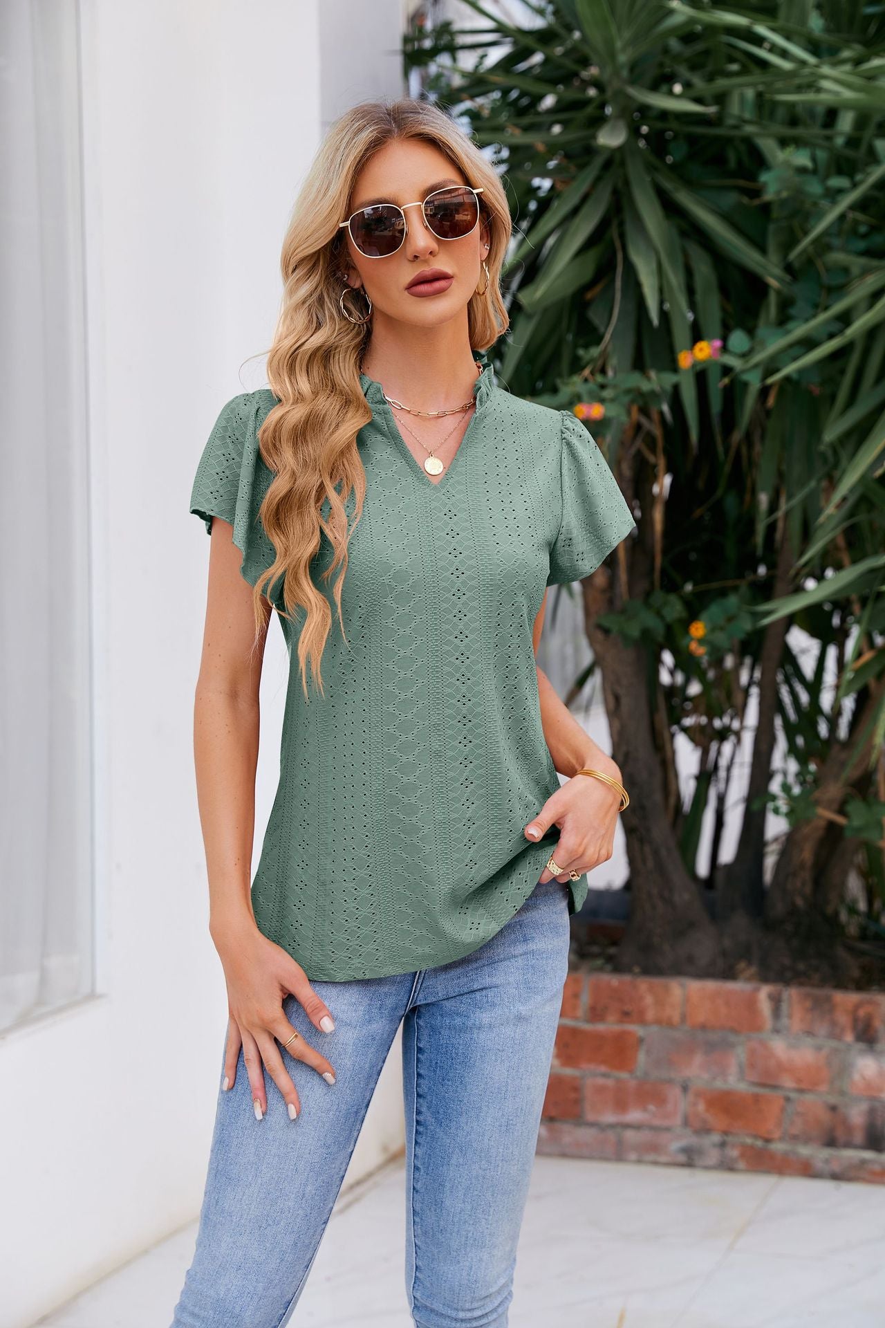 Puff-Sleeved Notched Neck Blouse Sage