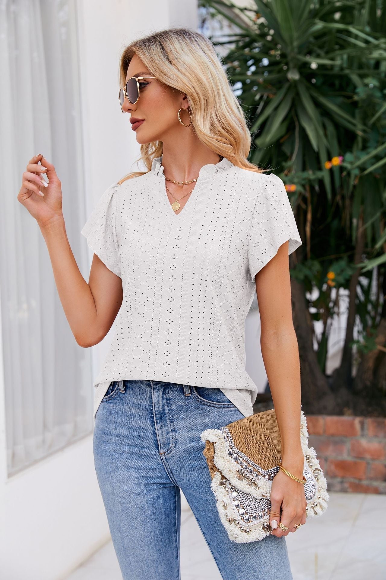 Puff-Sleeved Notched Neck Blouse