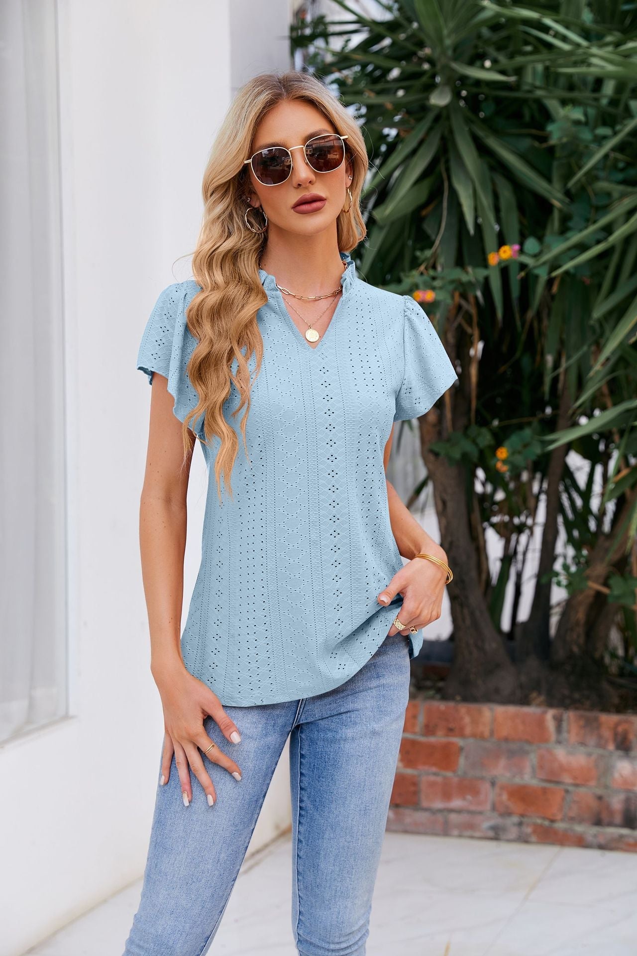 Puff-Sleeved Notched Neck Blouse Misty Blue