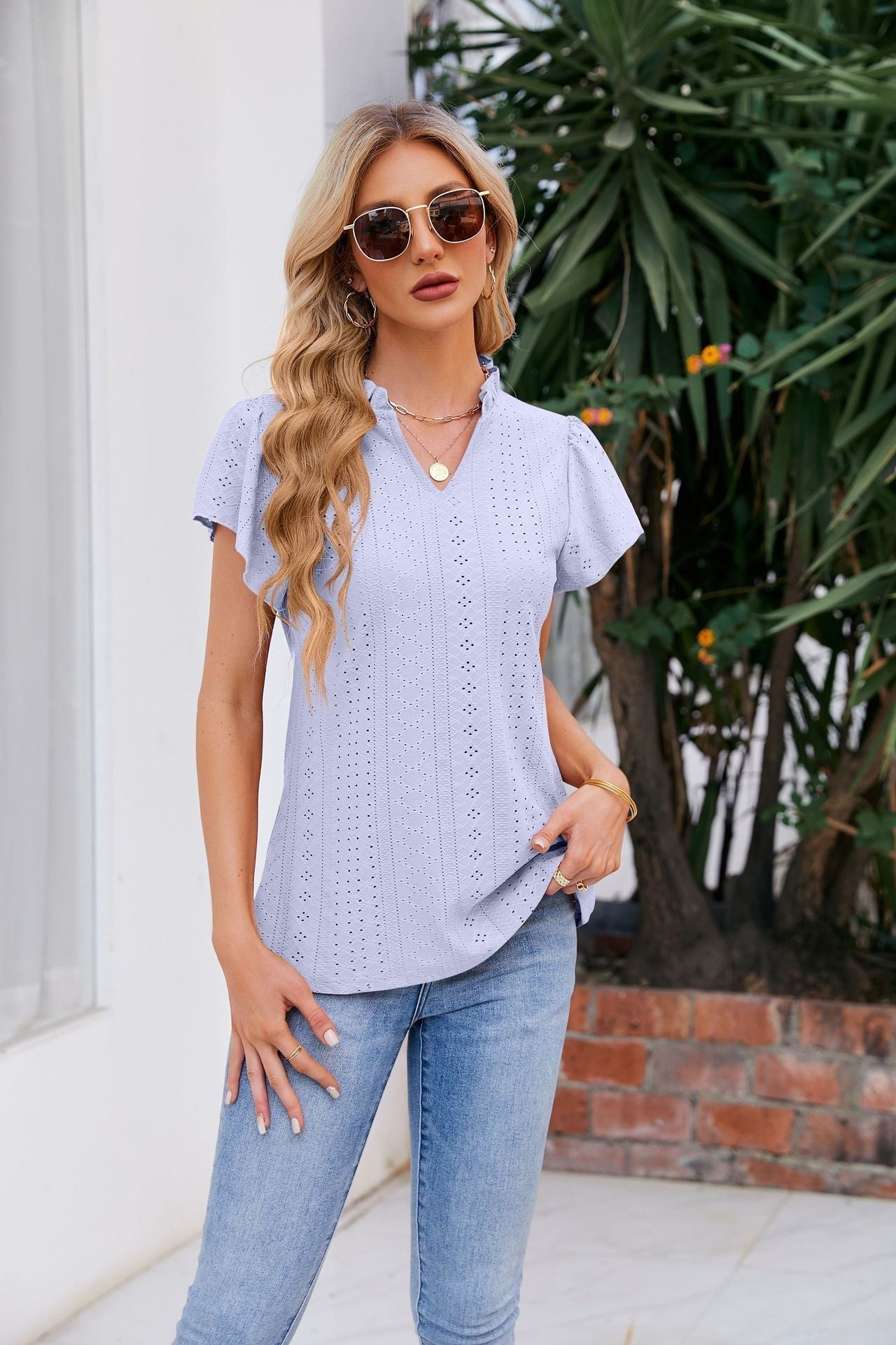 Puff-Sleeved Notched Neck Blouse Lavender