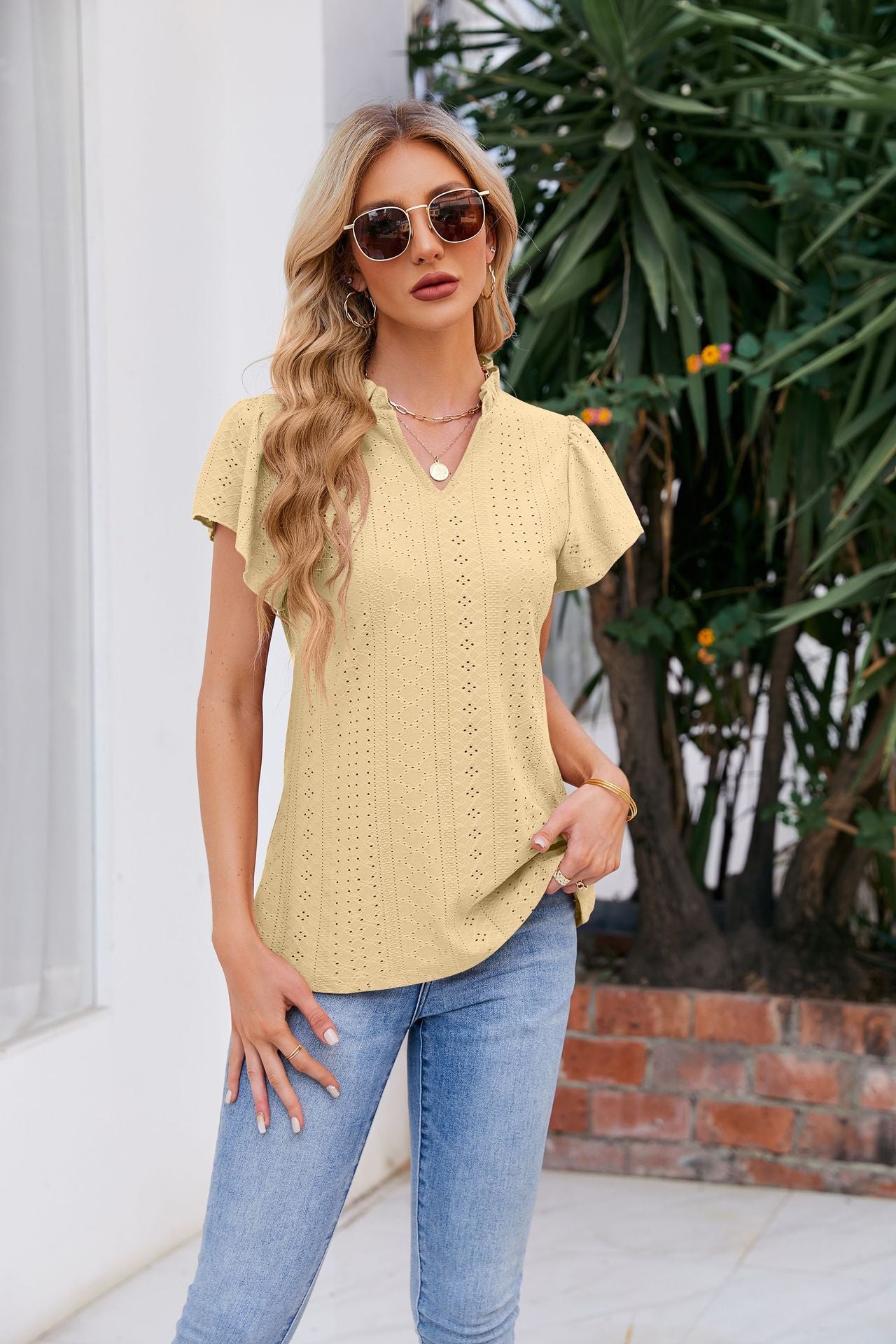 Puff-Sleeved Notched Neck Blouse Pastel Yellow