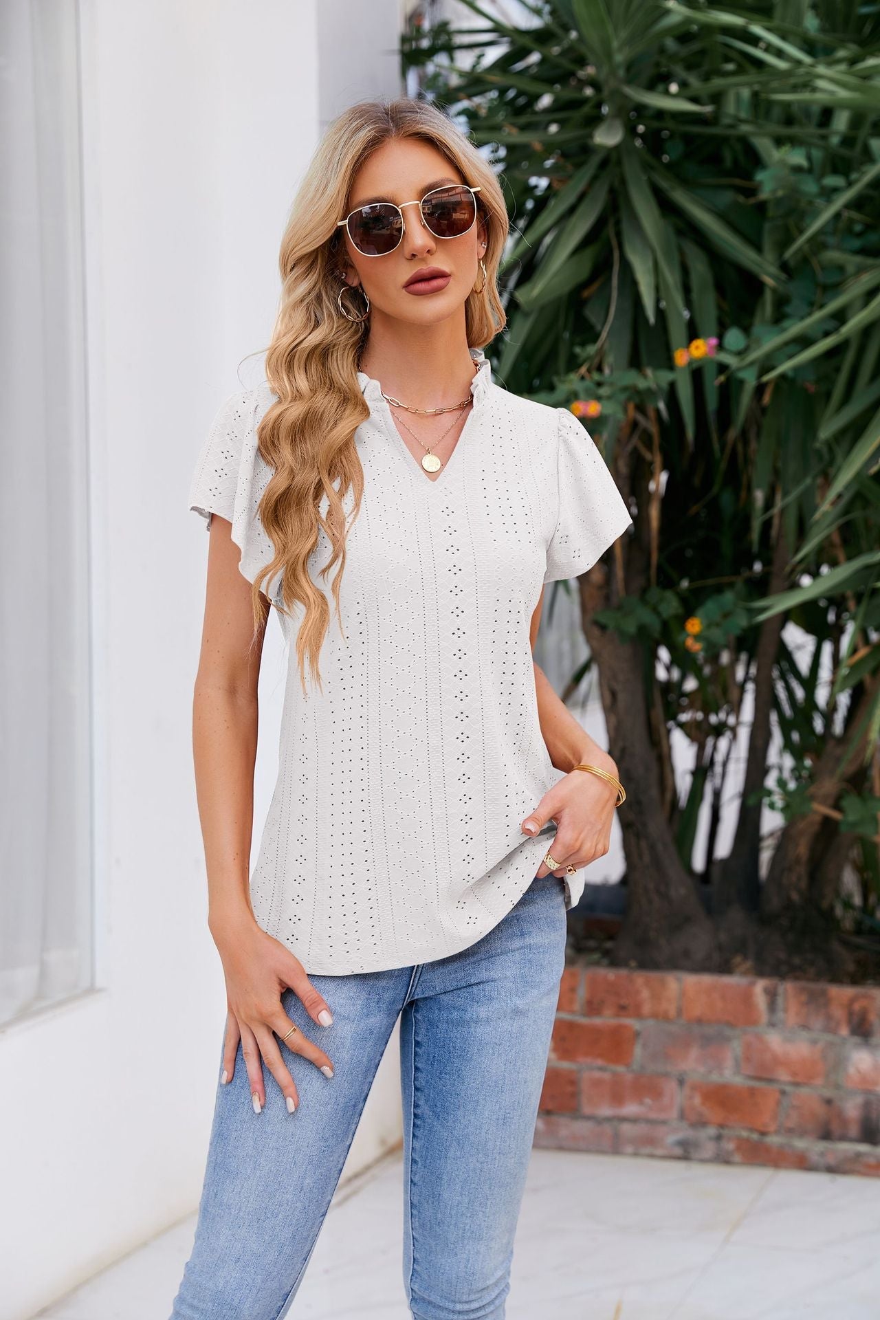 Puff-Sleeved Notched Neck Blouse White