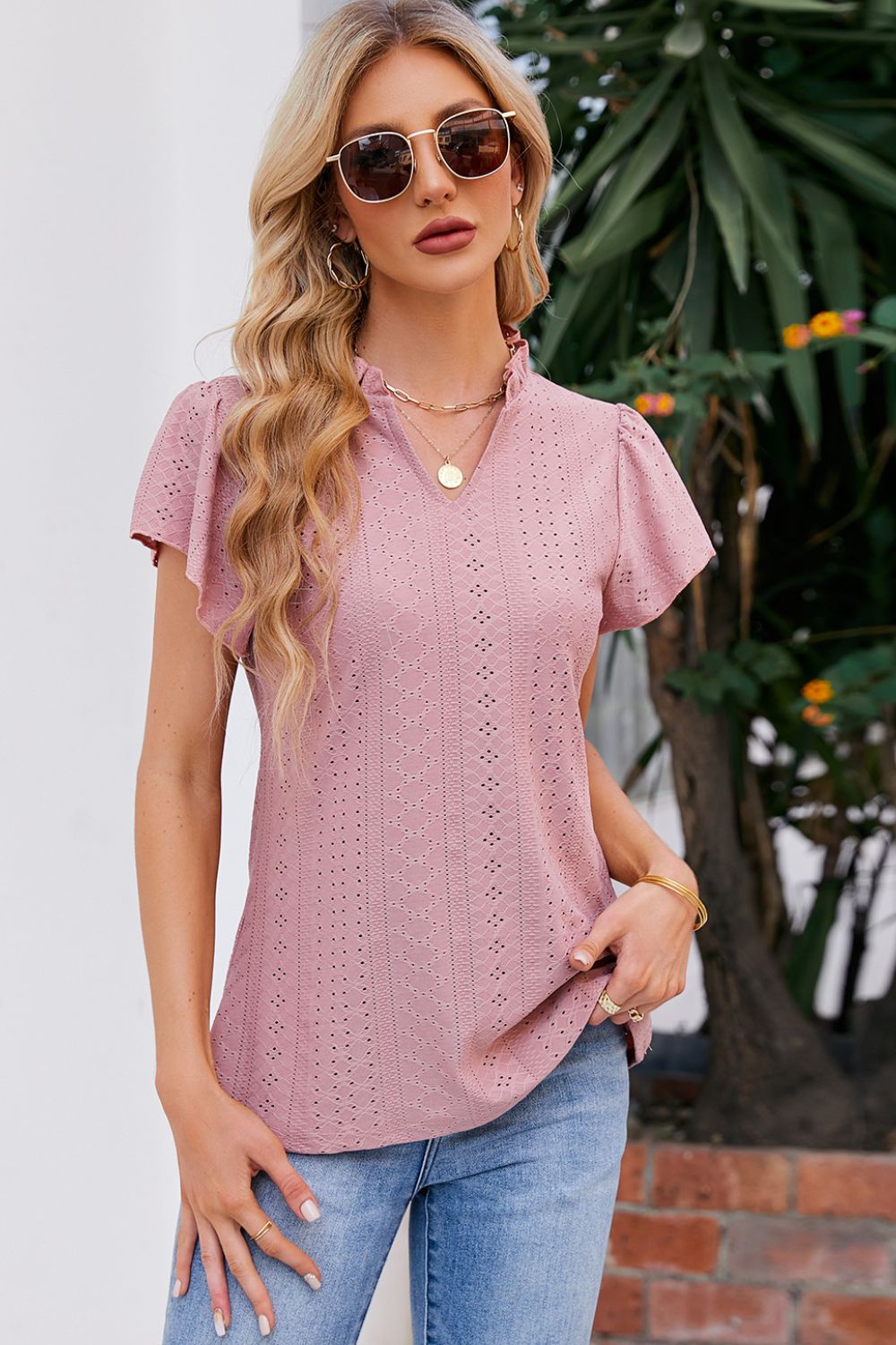 Puff-Sleeved Notched Neck Blouse Dusty Pink