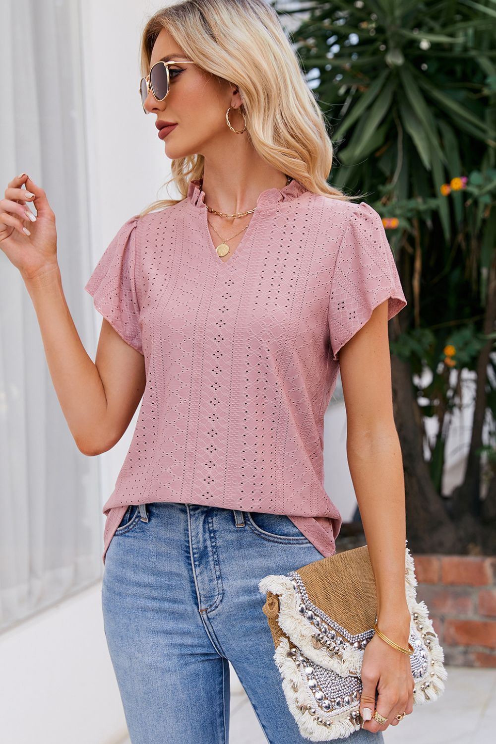 Puff-Sleeved Notched Neck Blouse