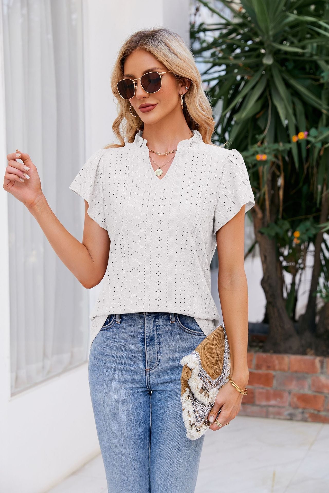 Puff-Sleeved Notched Neck Blouse