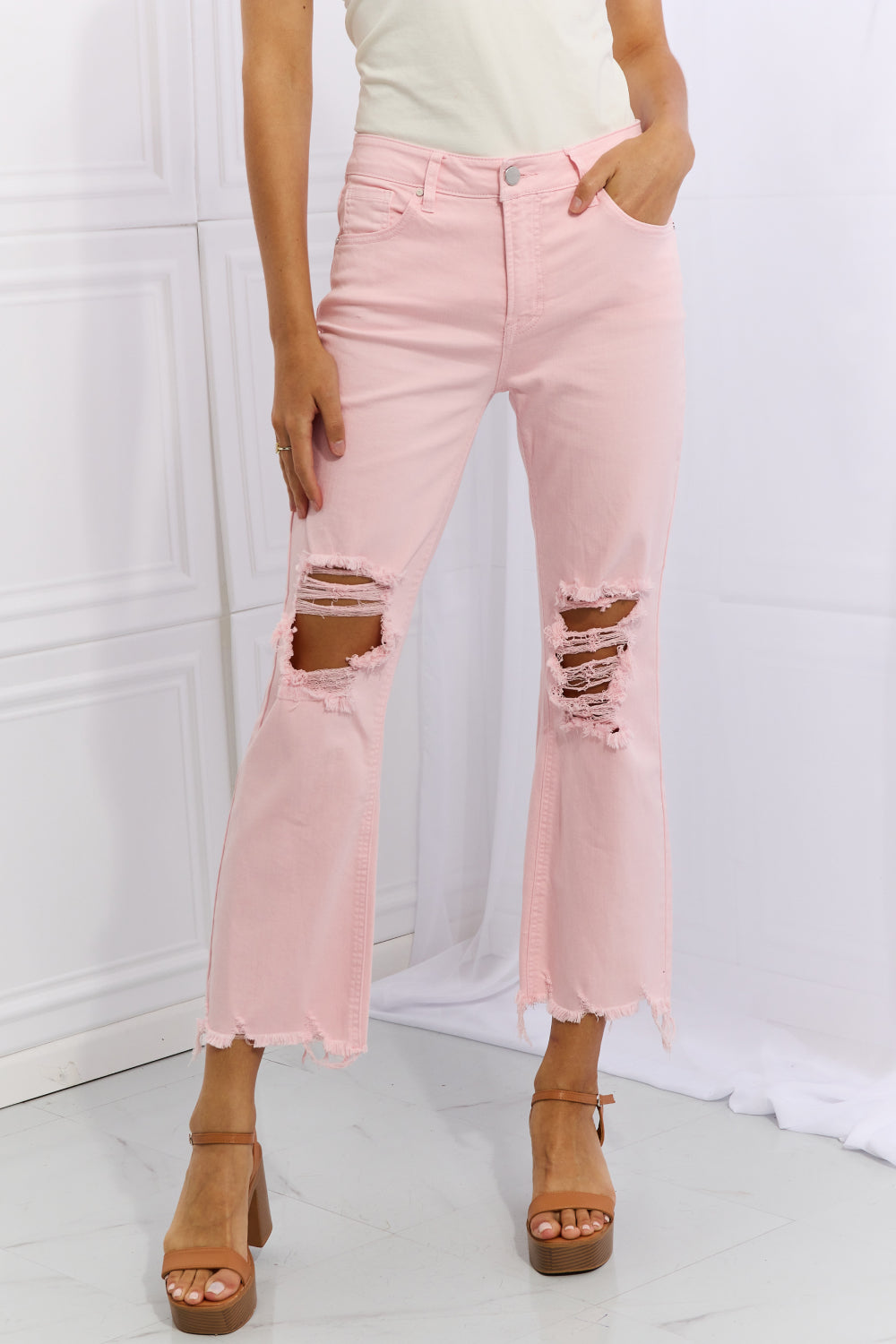 RISEN Miley Full Size Distressed Ankle Flare Jeans Blush Pink