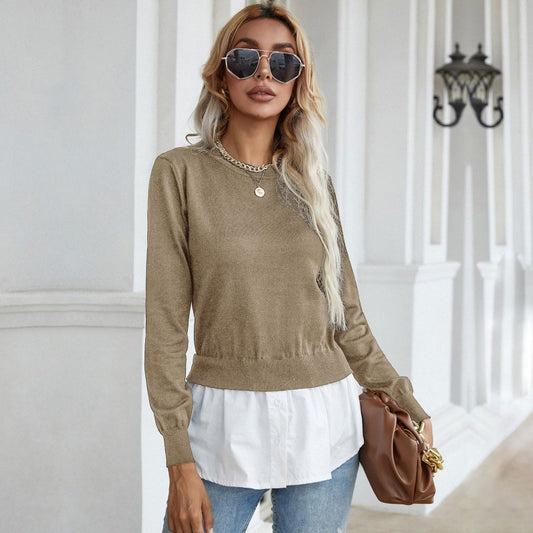 women's slim knitted stitching shirt fake two-piece sweater Khaki