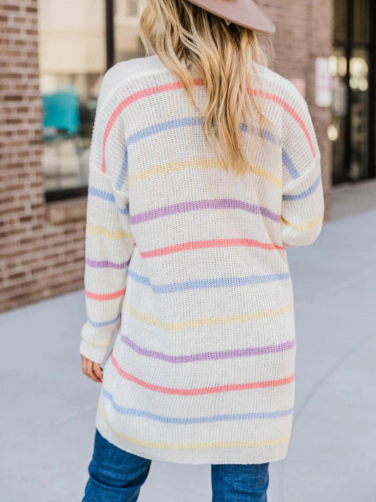 Rainbow Colorblock Cardigan Sweater with Pockets Purple
