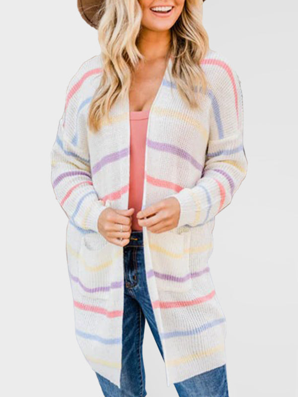 Rainbow Colorblock Cardigan Sweater with Pockets