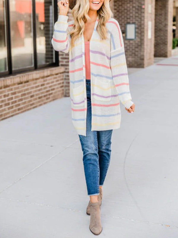 Rainbow Colorblock Cardigan Sweater with Pockets