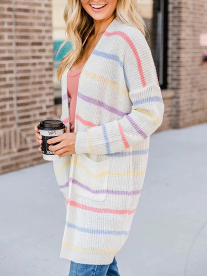 Rainbow Colorblock Cardigan Sweater with Pockets