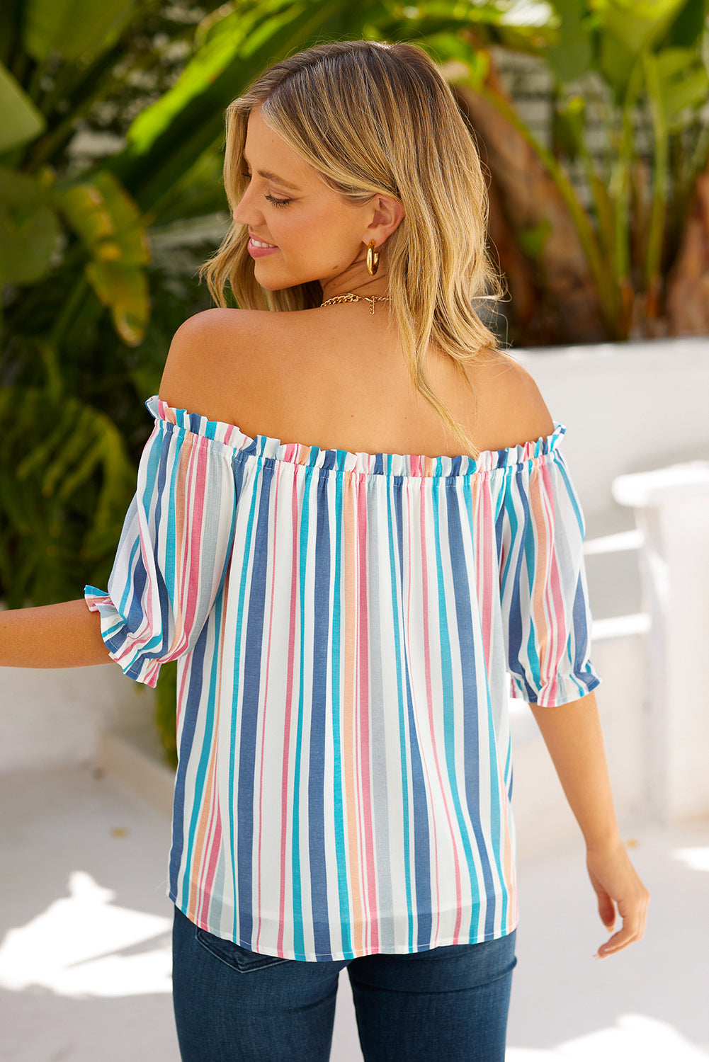 Rainbow Stripe Frilled Flounce Sleeve Blouse