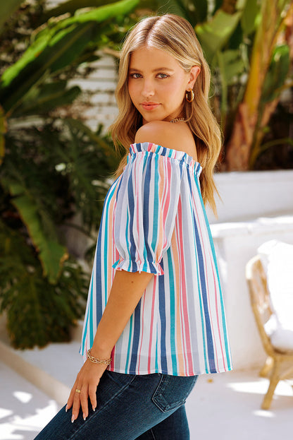 Rainbow Stripe Frilled Flounce Sleeve Blouse