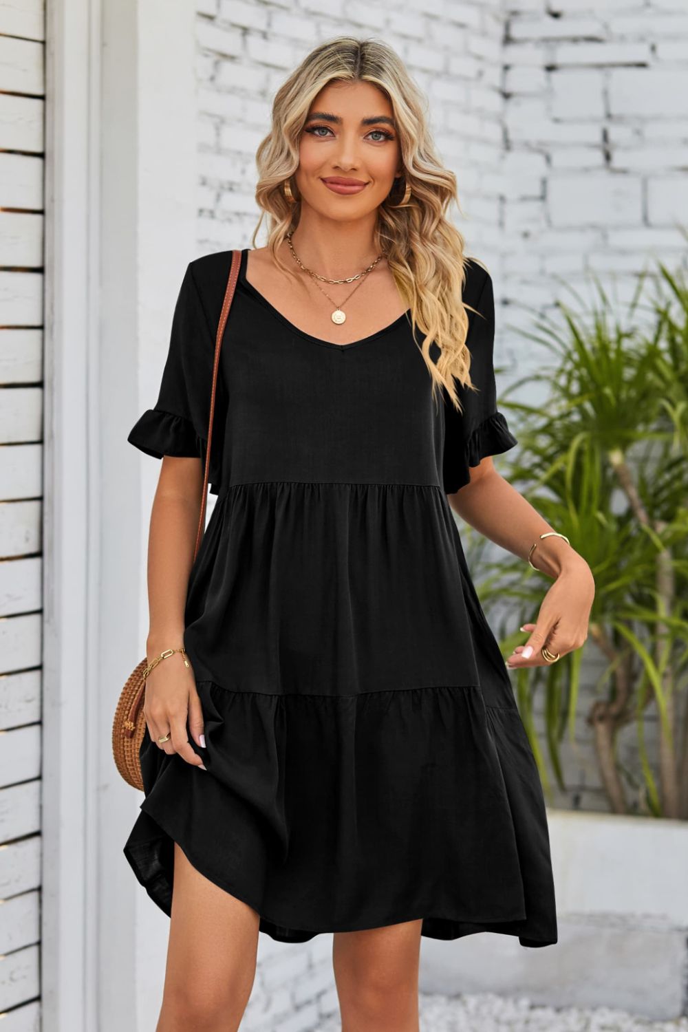 Romantic V-Neck Flounce Sleeve Tiered Dress