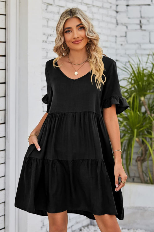 Romantic V-Neck Flounce Sleeve Tiered Dress Black