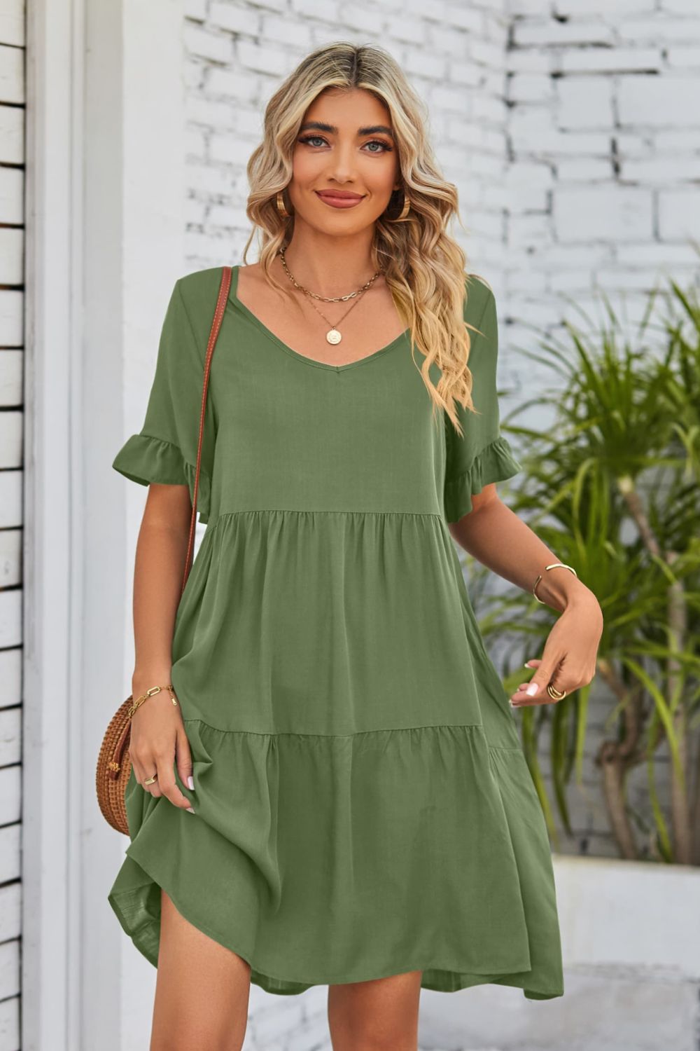 Romantic V-Neck Flounce Sleeve Tiered Dress Army Green