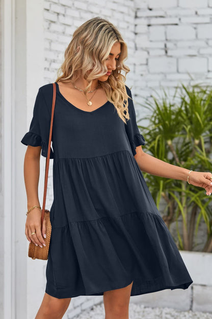 Romantic V-Neck Flounce Sleeve Tiered Dress