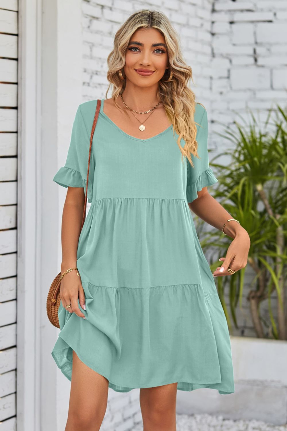 Romantic V-Neck Flounce Sleeve Tiered Dress