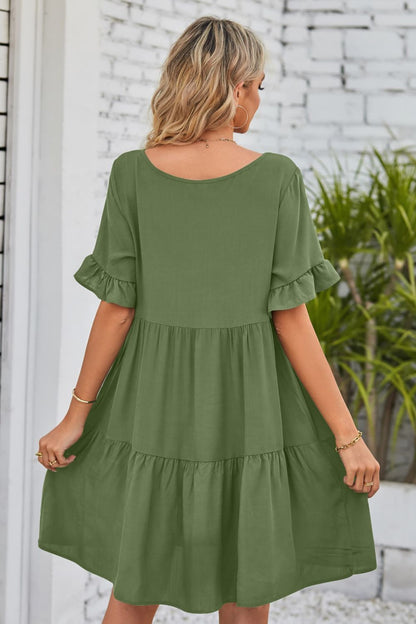 Romantic V-Neck Flounce Sleeve Tiered Dress