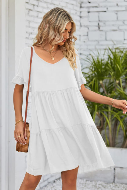 Romantic V-Neck Flounce Sleeve Tiered Dress