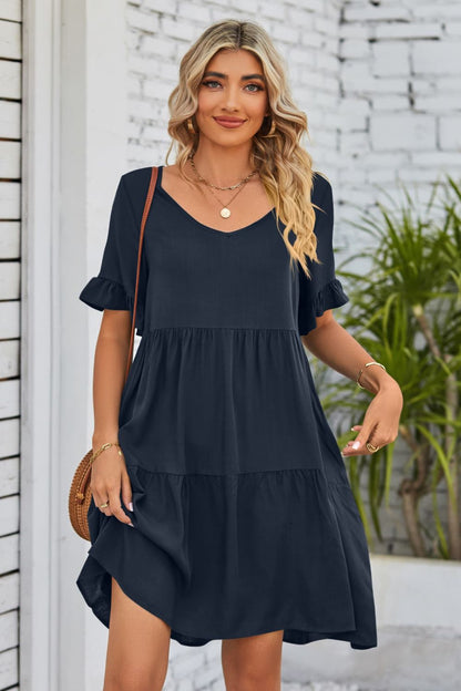 Romantic V-Neck Flounce Sleeve Tiered Dress Navy