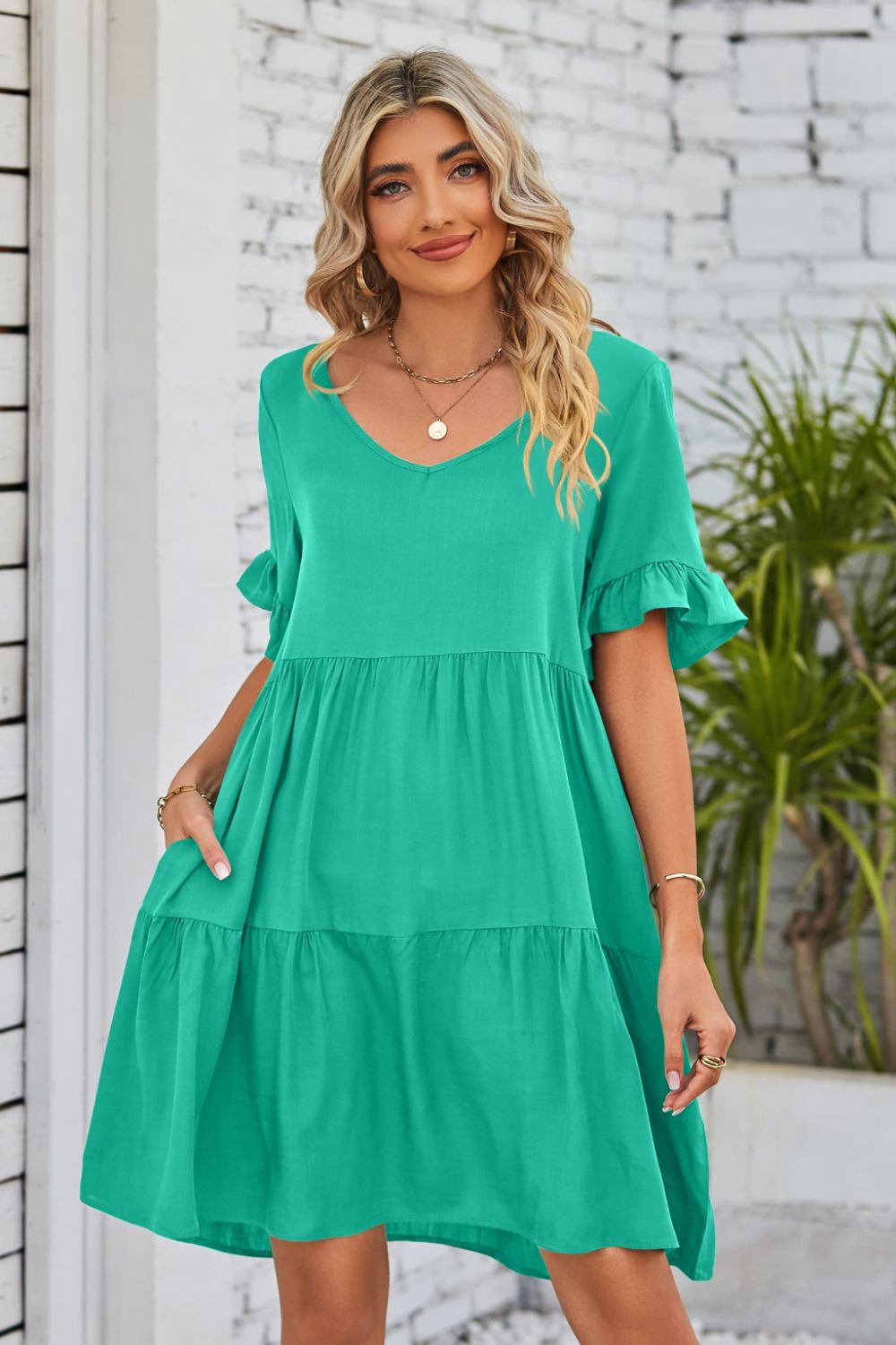 Romantic V-Neck Flounce Sleeve Tiered Dress Mid Green