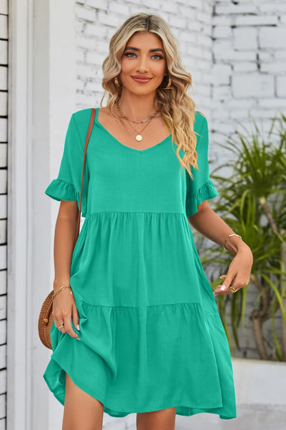 Romantic V-Neck Flounce Sleeve Tiered Dress