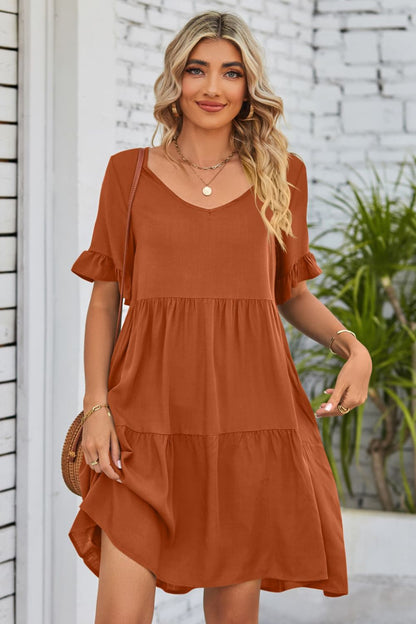 Romantic V-Neck Flounce Sleeve Tiered Dress Brick Red