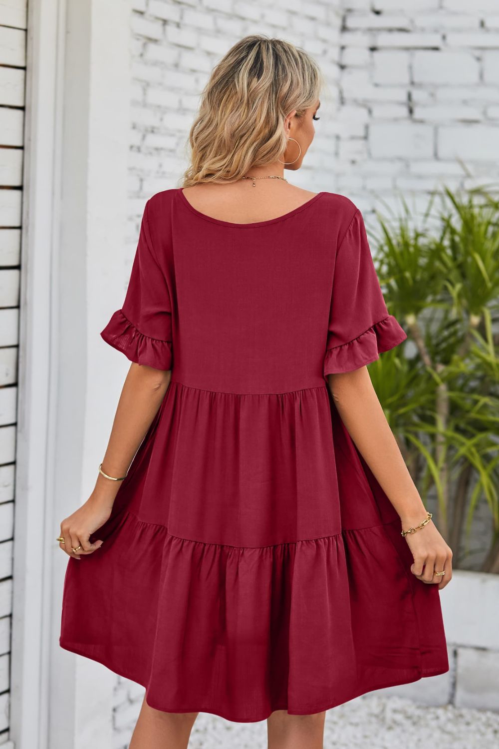 Romantic V-Neck Flounce Sleeve Tiered Dress