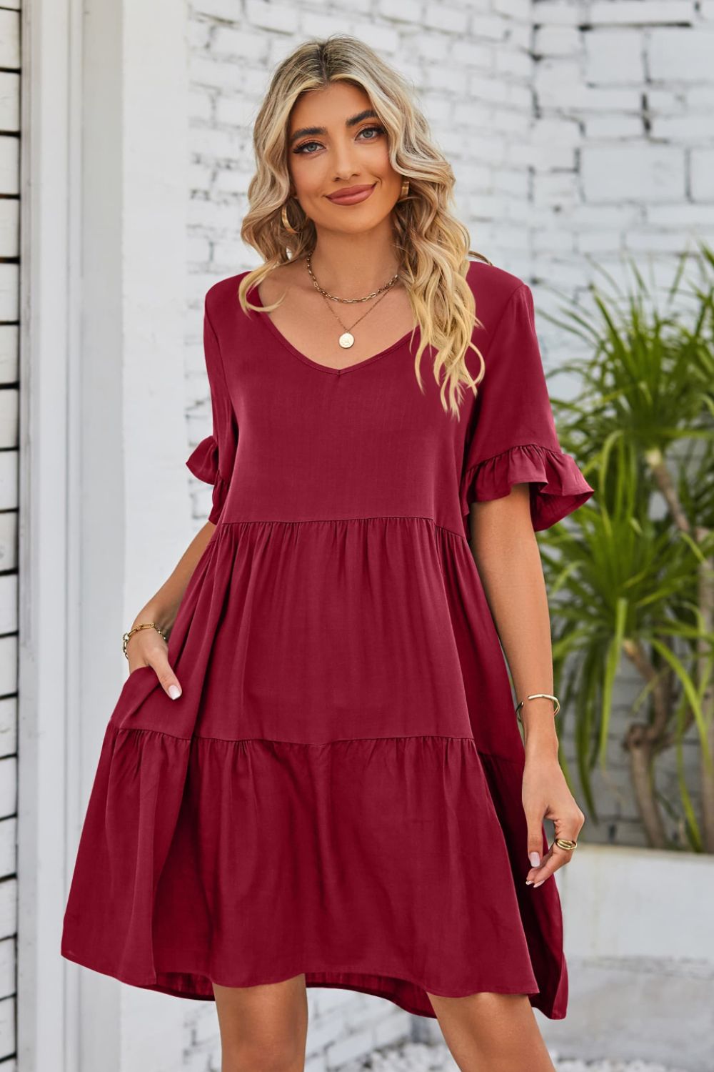 Romantic V-Neck Flounce Sleeve Tiered Dress Wine