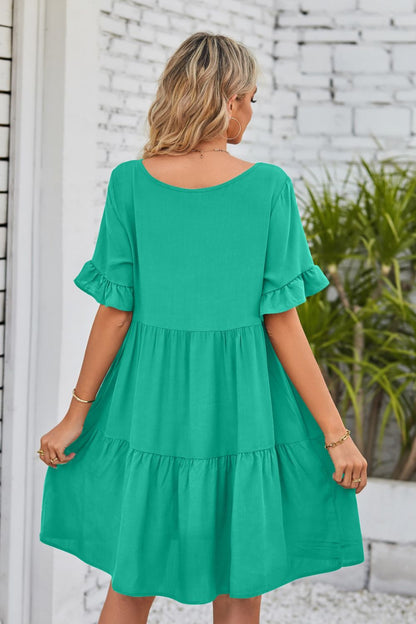 Romantic V-Neck Flounce Sleeve Tiered Dress