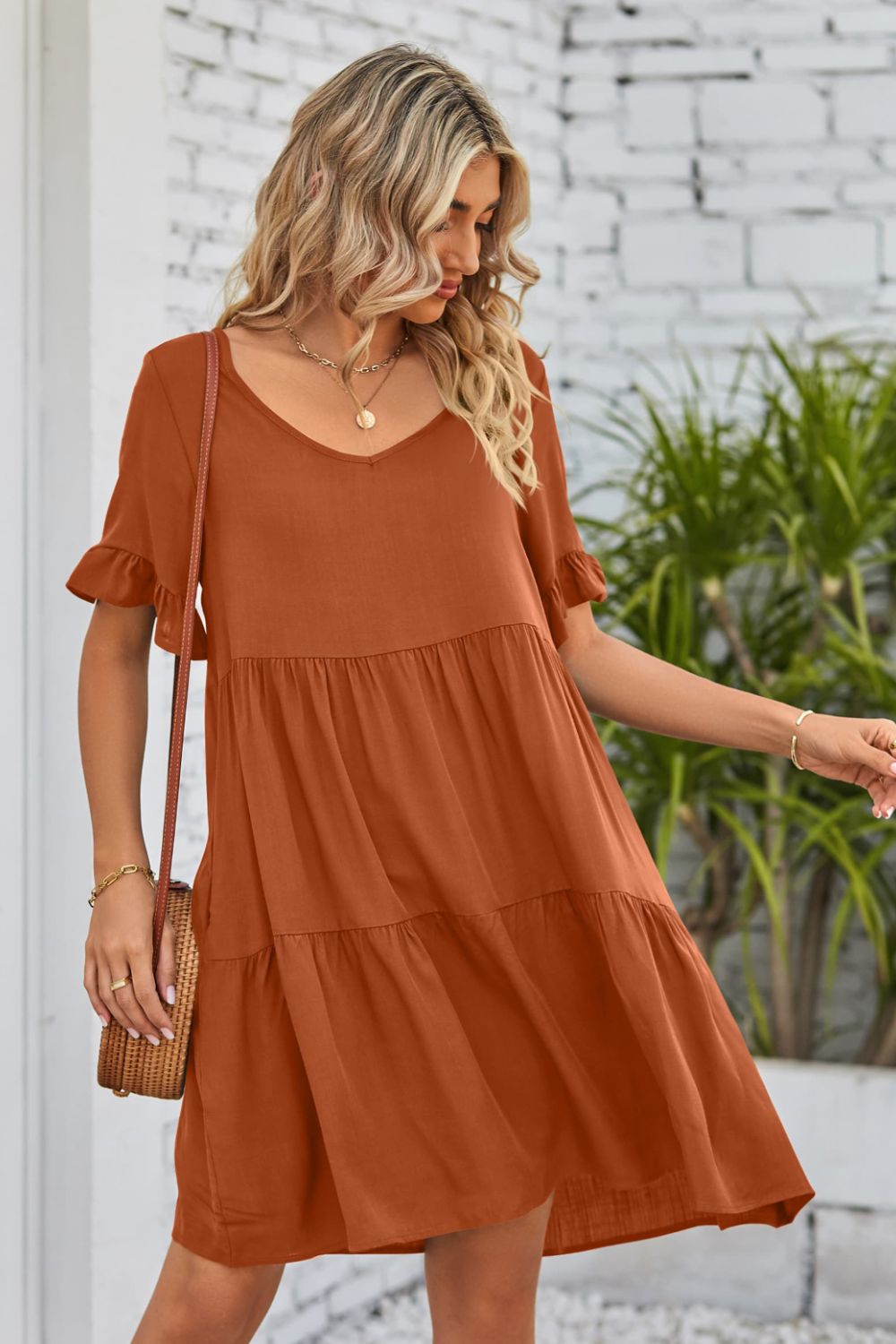 Romantic V-Neck Flounce Sleeve Tiered Dress