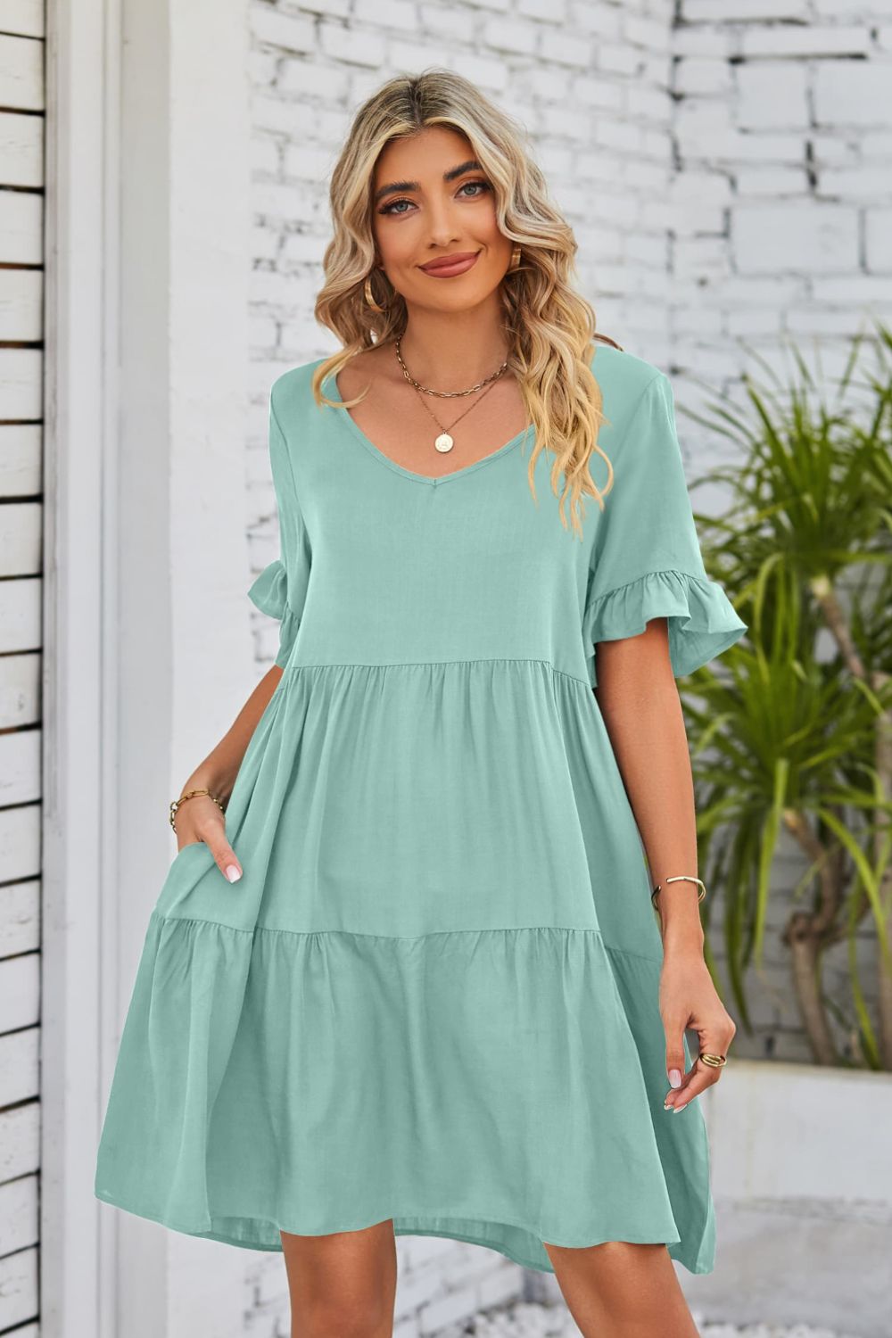 Romantic V-Neck Flounce Sleeve Tiered Dress Gum Leaf