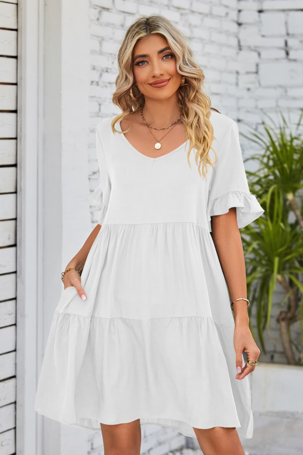 Romantic V-Neck Flounce Sleeve Tiered Dress White