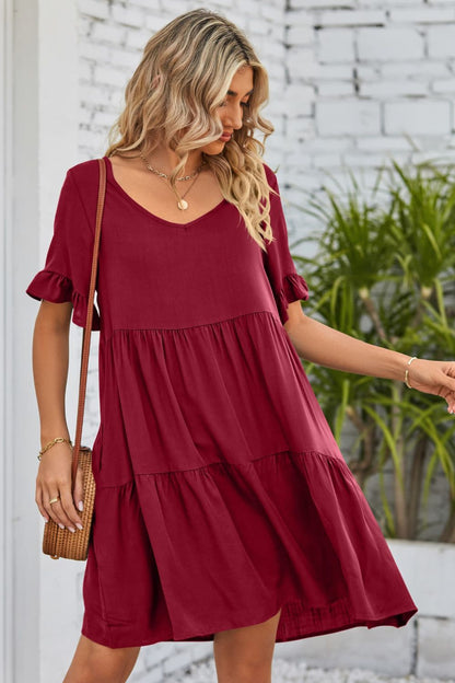 Romantic V-Neck Flounce Sleeve Tiered Dress