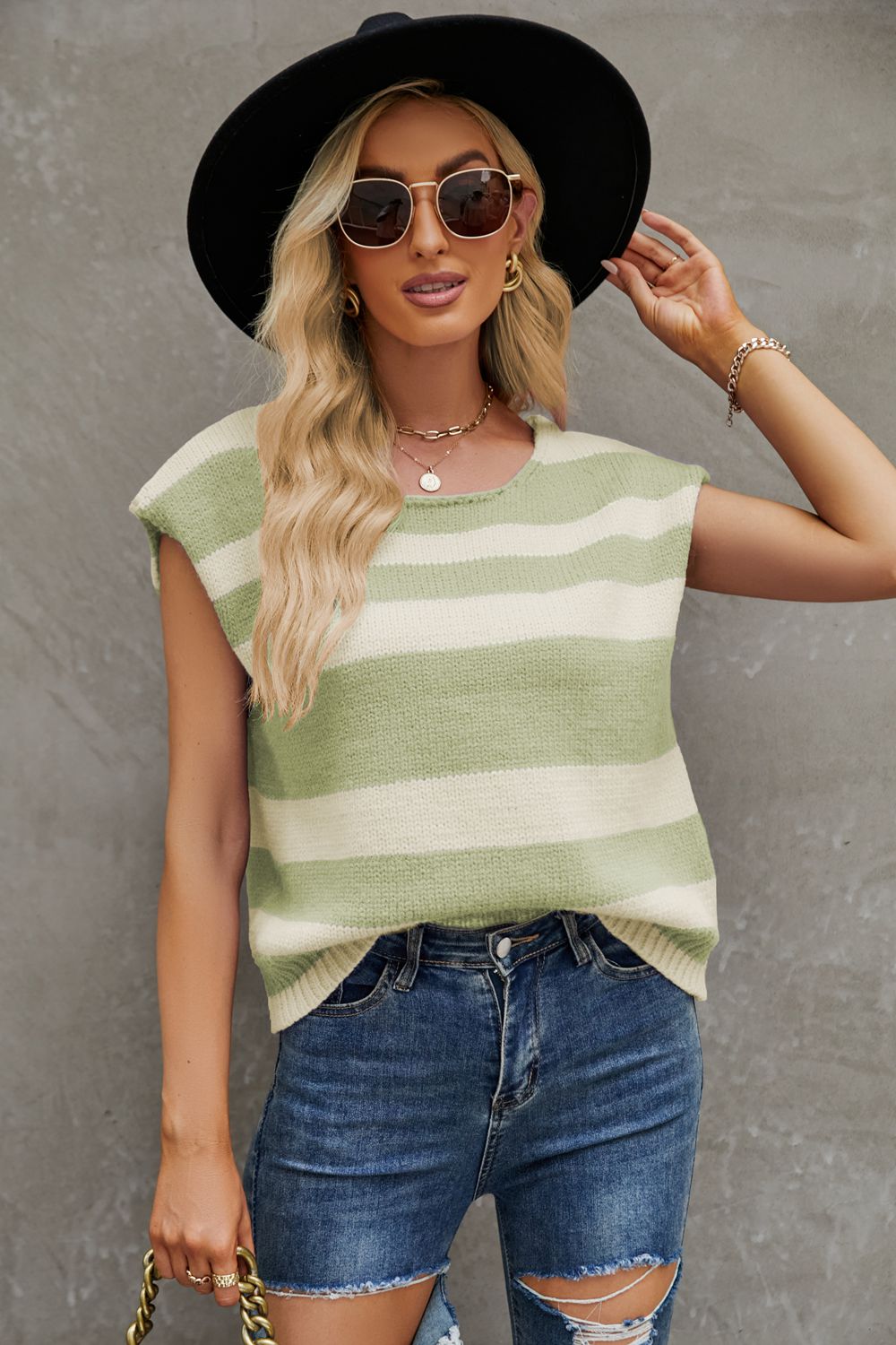 Round Neck Cap Sleeve Striped Knit Top Light Green
