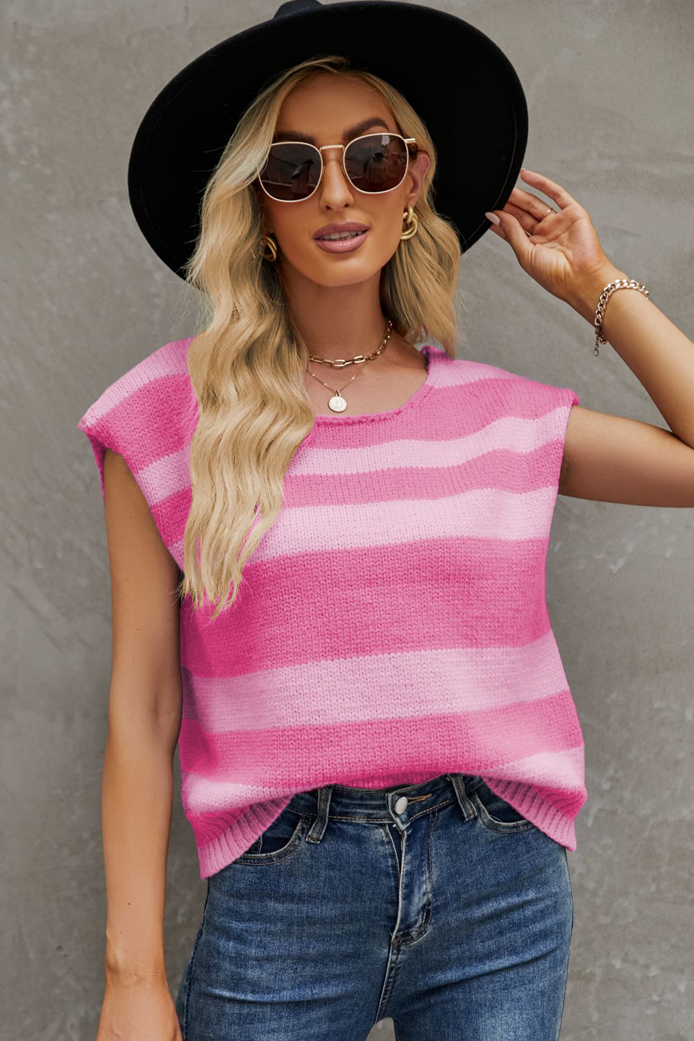 Round Neck Cap Sleeve Striped Knit Top Carnation Pink