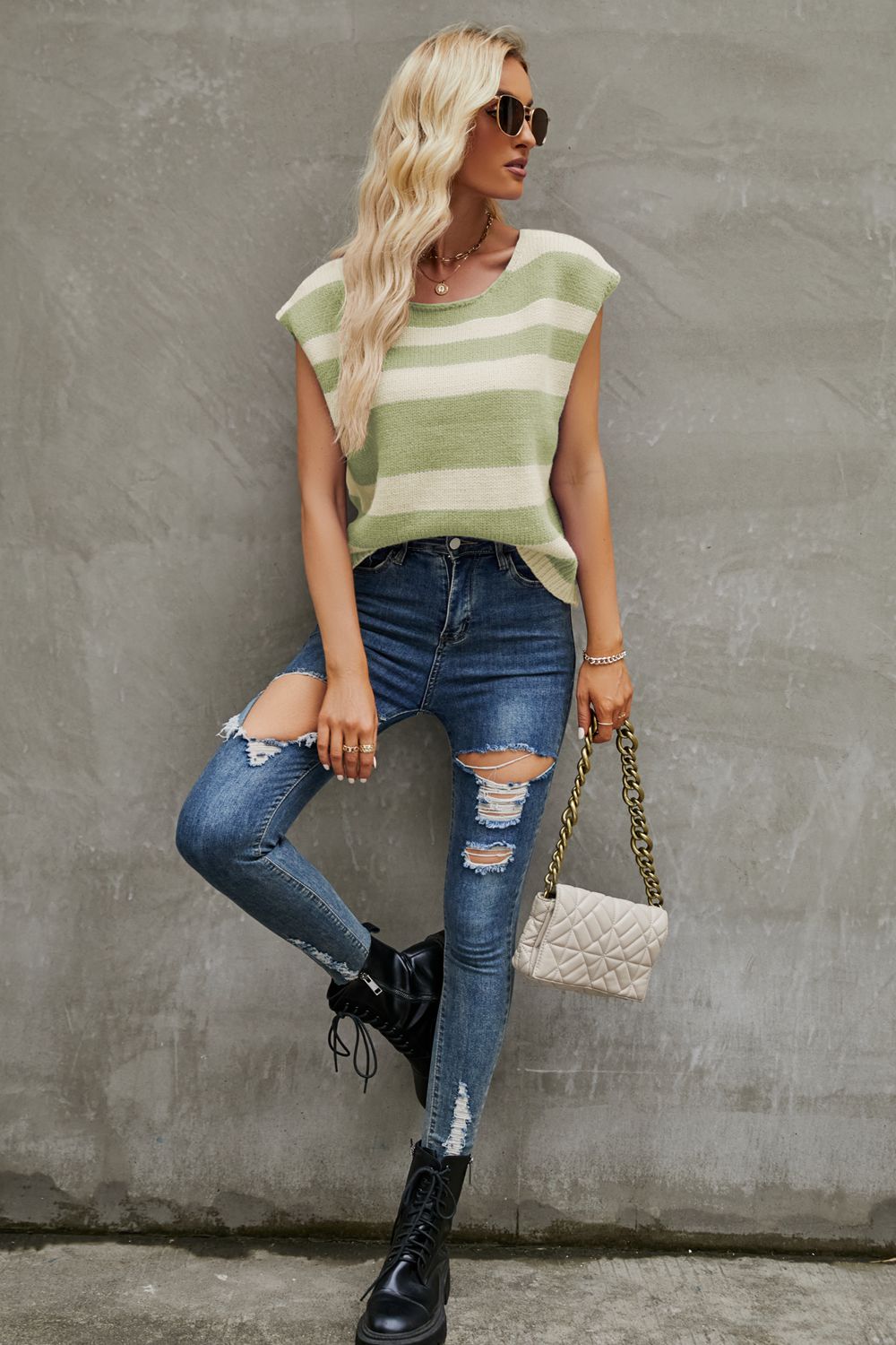 Round Neck Cap Sleeve Striped Knit Top