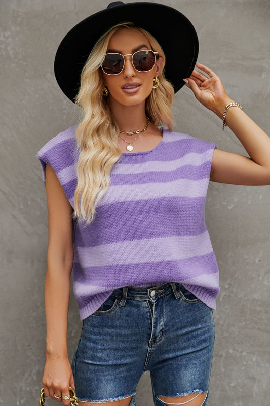 Round Neck Cap Sleeve Striped Knit Top Lavender