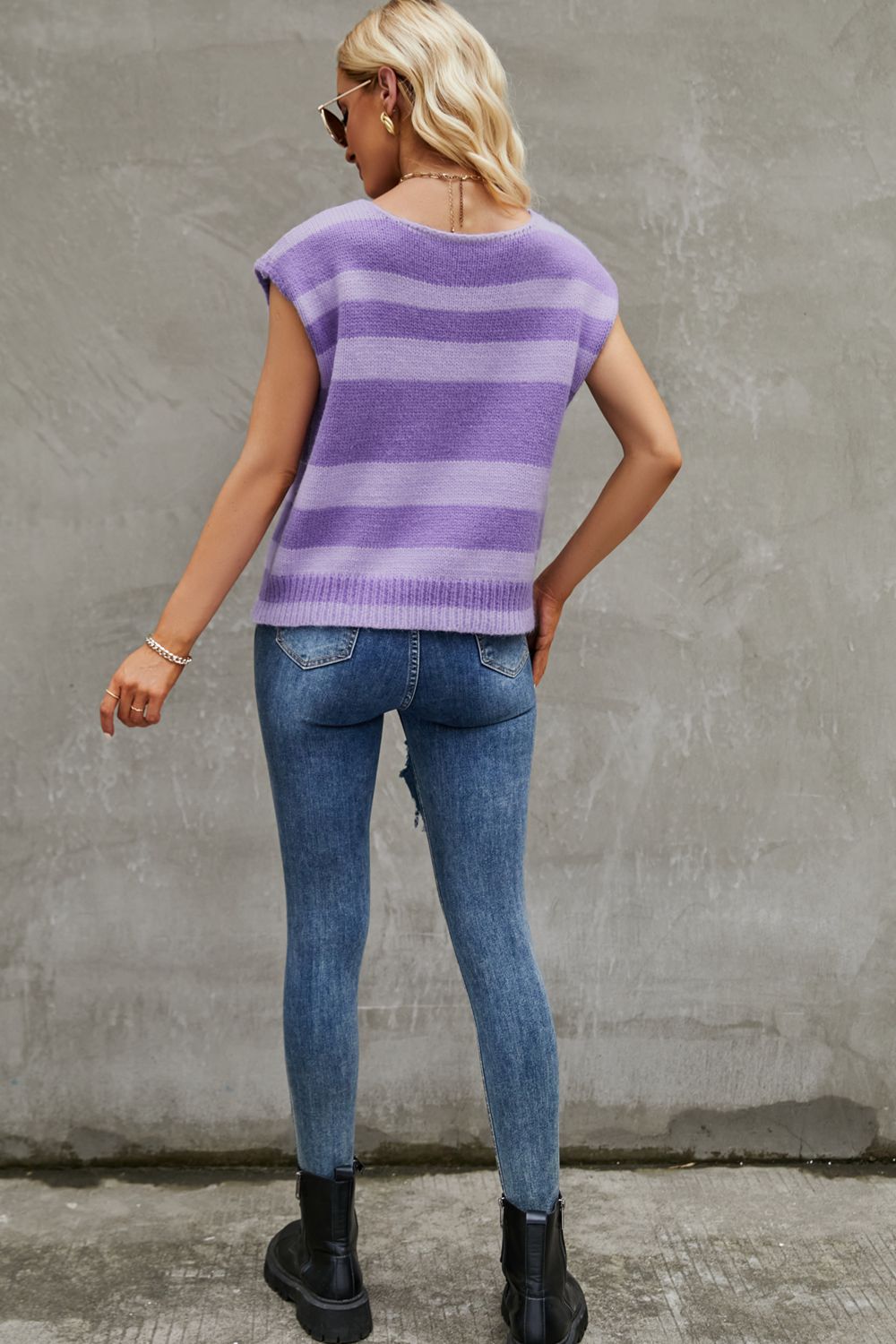 Round Neck Cap Sleeve Striped Knit Top