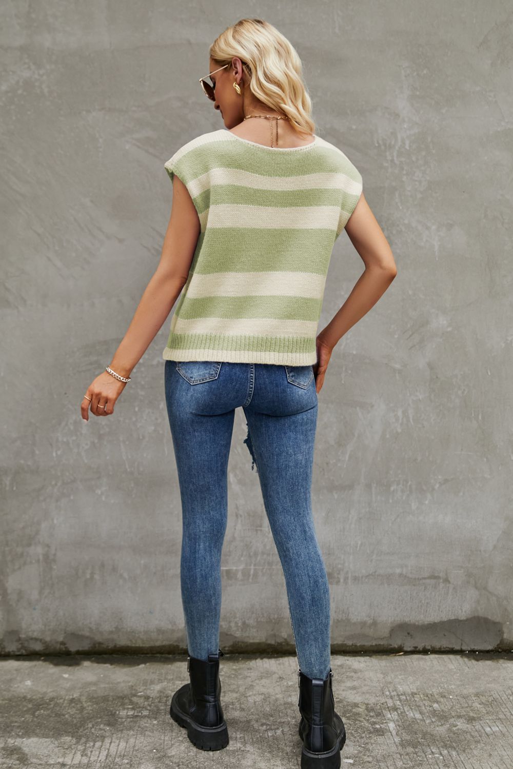 Round Neck Cap Sleeve Striped Knit Top