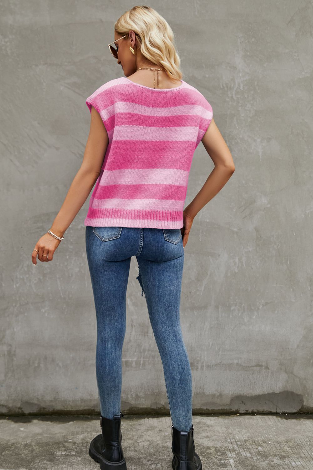 Round Neck Cap Sleeve Striped Knit Top