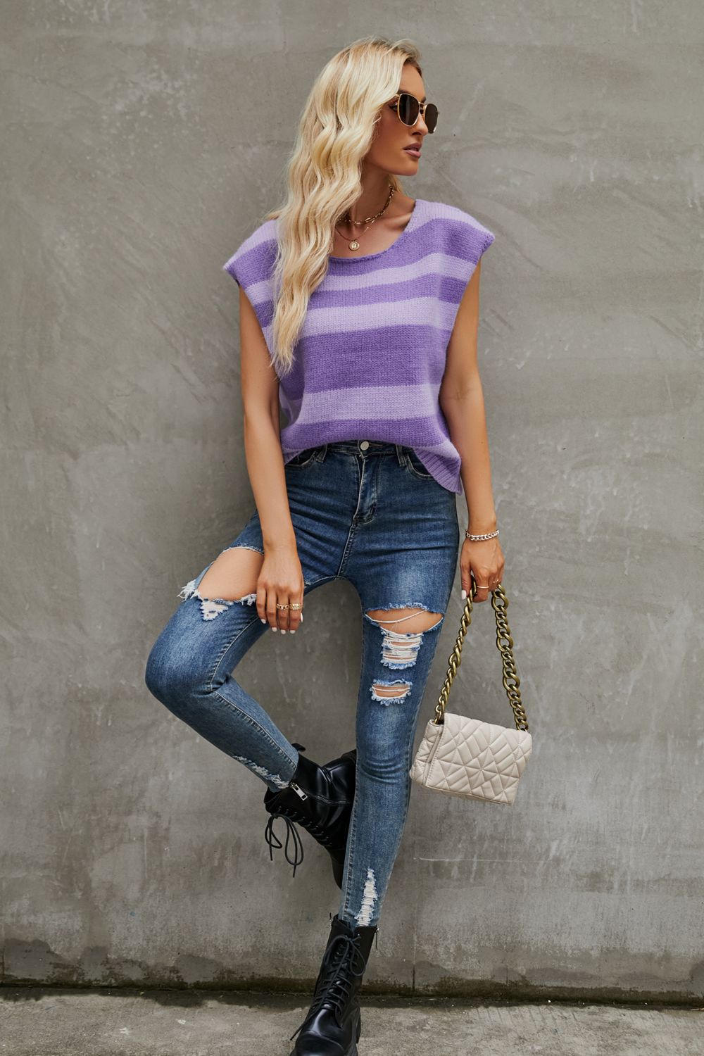 Round Neck Cap Sleeve Striped Knit Top