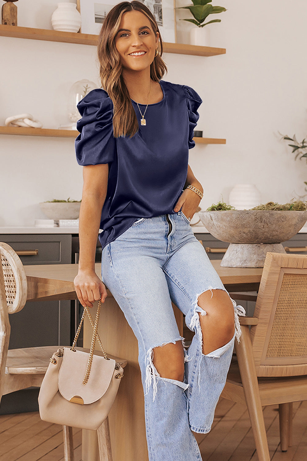 Round Neck Puff Blouse